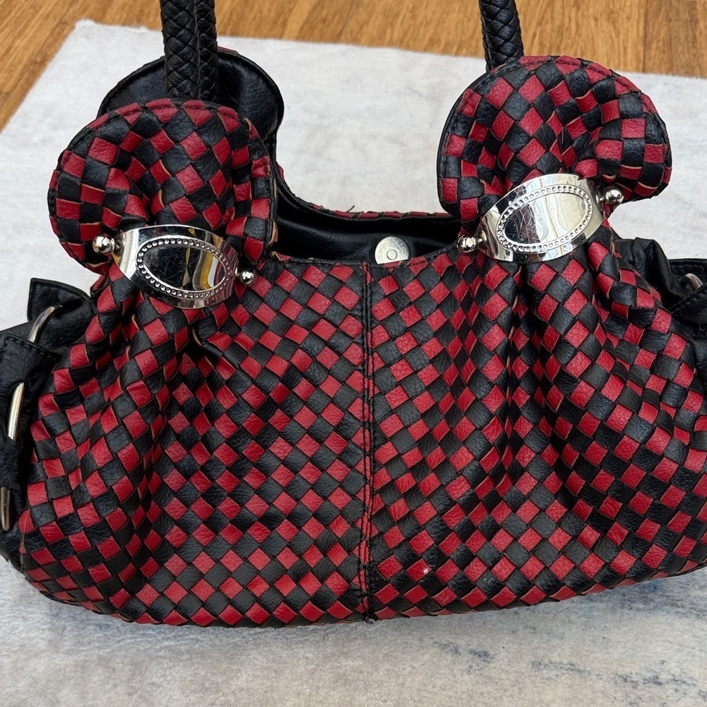 Zelli Woven Leather Satchel Bag | Red & Black | Designer Purse - Picture 3 of 10